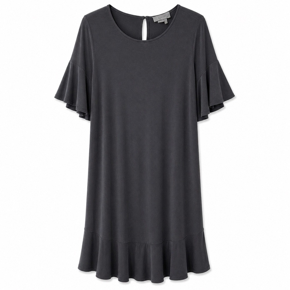 Anthropologie Gray Flutter Sleeve Dress Small Ruffle Hem‎ Minimalist Casual Chic